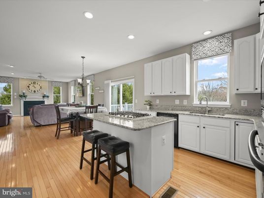 Dining room, Fireplace, Interior, Kitchen, Living room, Pendant Lights, Recessed Lighting, Wood Texture Flooring