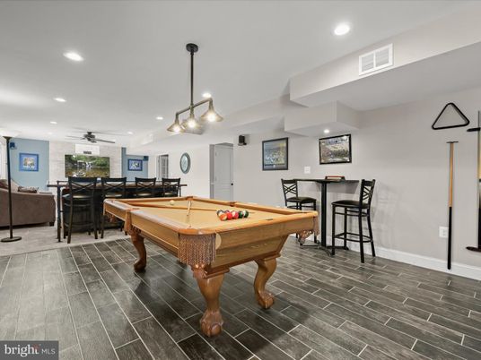 Billiard Table, Dining room, Game Room, Interior, Pendant Lights, Recessed Lighting, Wood Texture Flooring