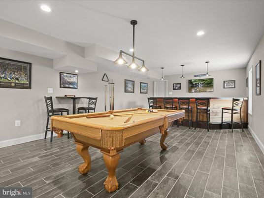 Billiard Table, Game Room, Interior, Pendant Lights, Recessed Lighting, Wood Texture Flooring