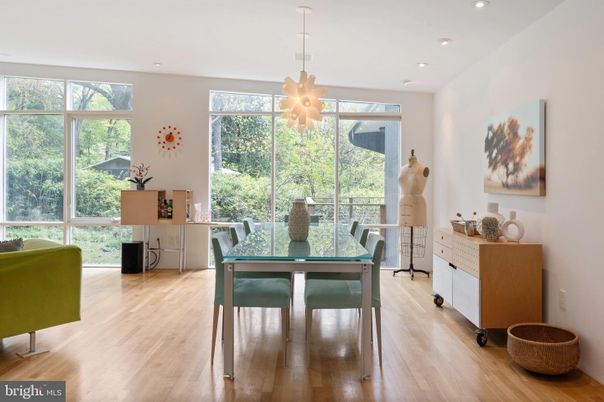 Dining room, Interior, Pendant Lights, Recessed Lighting, Wood Texture Flooring