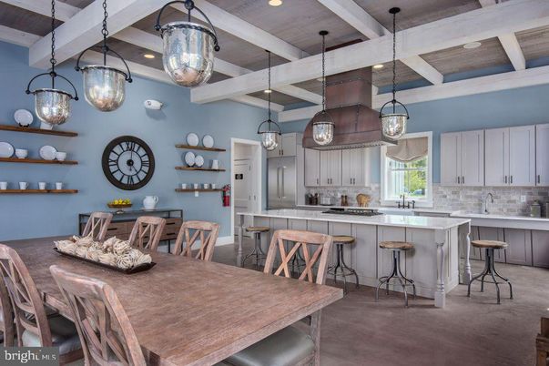 Dining room, Interior, Kitchen, Pendant Lights, Recessed Lighting, Wooden Beams