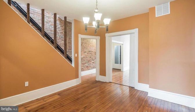 Chandelier, Empty room, Interior, Stone Walls, Wood Texture Flooring