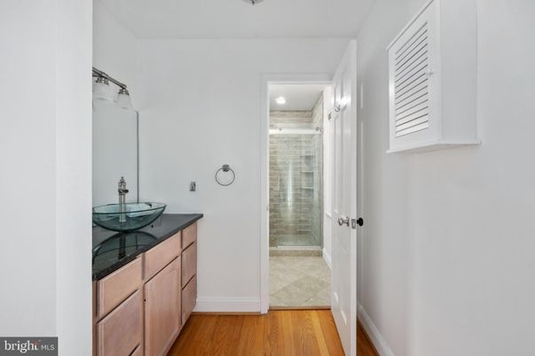 Bathroom, Glass Shower, Interior, Recessed Lighting, Wood Texture Flooring