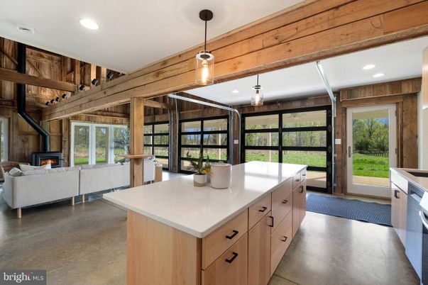 Fireplace, Interior, Kitchen, Living room, Pendant Lights, Recessed Lighting, Wooden Beams, Wooden Walls
