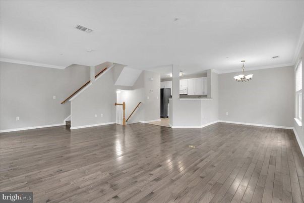Chandelier, Empty room, Interior, Kitchen, Recessed Lighting, Wood Texture Flooring