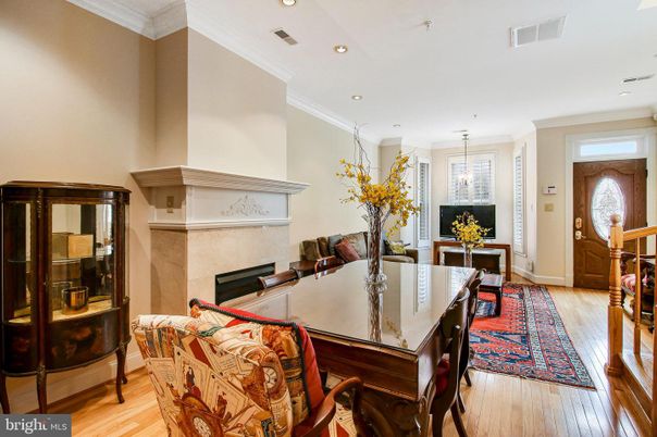 Dining room, Fireplace, Interior, Pendant Lights, Recessed Lighting, Wood Texture Flooring