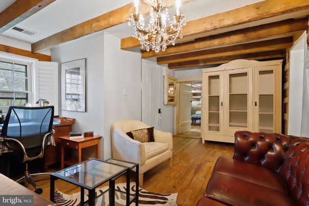 Chandelier, Home Office, Interior, Wooden Beams, Wood Texture Flooring