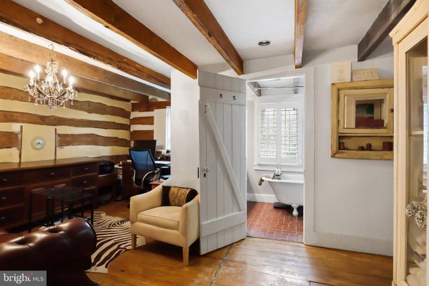 Bathroom, Chandelier, Free Standing Baths, Interior, Wooden Beams, Wood Texture Flooring