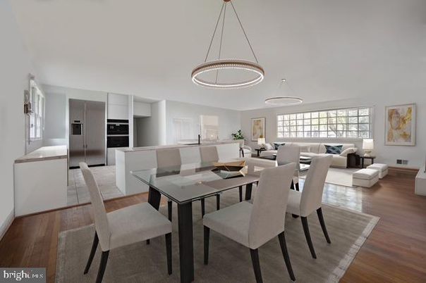 Dining room, Interior, Kitchen, Living room, Pendant Lights, Stainless Steel Appliances, Wood Texture Flooring