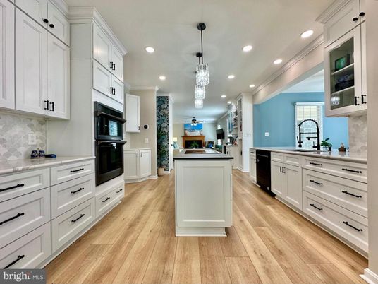 Chandelier, Interior, Kitchen, Pendant Lights, Recessed Lighting, Wood Texture Flooring
