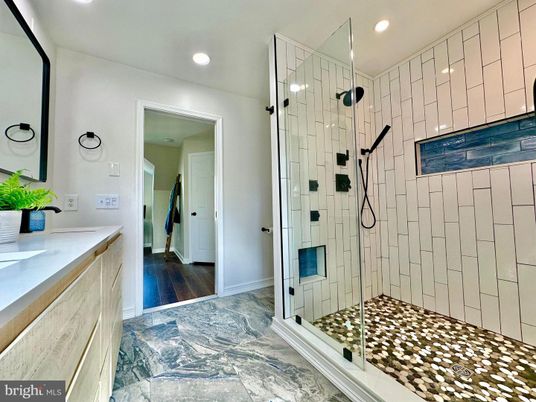 Bathroom, Glass Shower, Interior, Recessed Lighting, Wood Texture Flooring