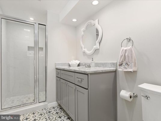 Bathroom, Glass Shower, Interior, Marble Walls, Recessed Lighting
