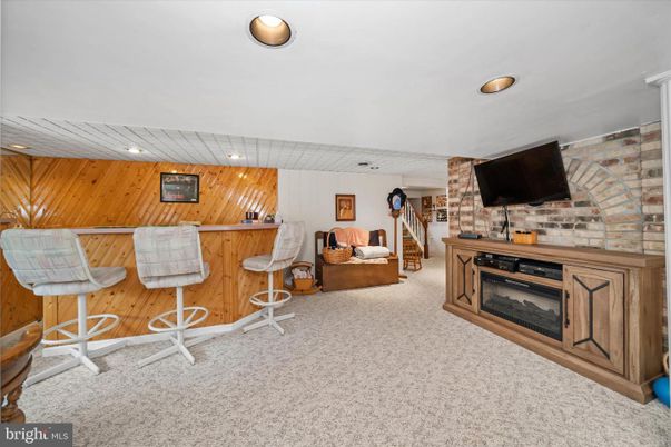 Fireplace, Interior, Recessed Lighting, Stone Walls, Wooden Walls