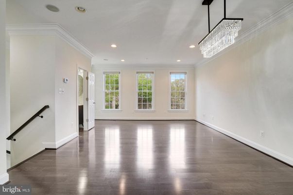 Chandelier, Empty room, Interior, Recessed Lighting, Wood Texture Flooring
