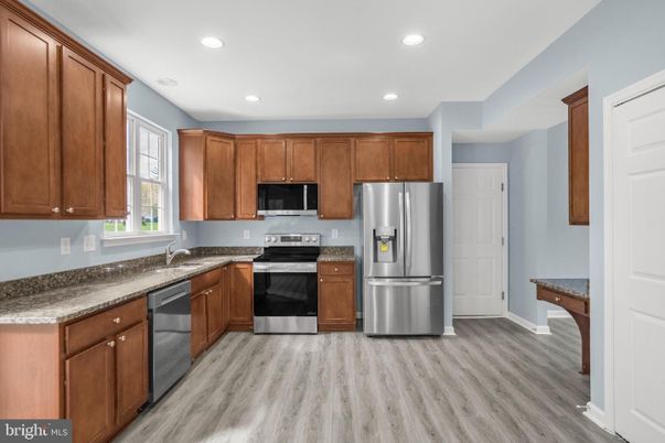 Interior, Kitchen, Recessed Lighting, Stainless Steel Appliances, Wood Texture Flooring