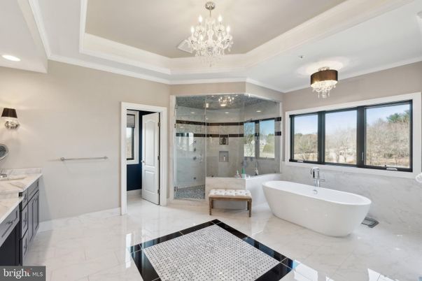 Bathroom, Chandelier, Free Standing Baths, Glass Shower, Interior, Marble, Recessed Lighting