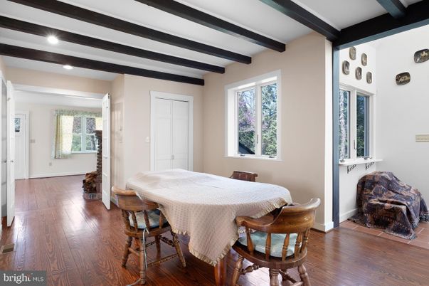 Dining room, Interior, Recessed Lighting, Wooden Beams, Wood Texture Flooring