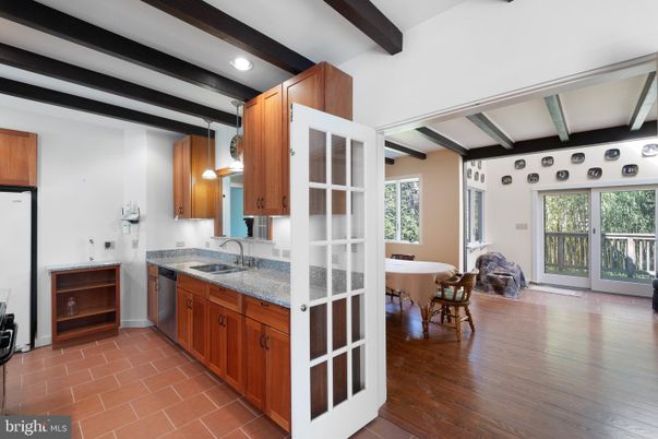 Dining room, Interior, Kitchen, Recessed Lighting, Wooden Beams, Wood Texture Flooring