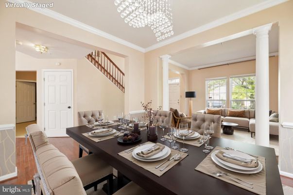 Dining room, Interior, Living room, Pendant Lights, Wood Texture Flooring