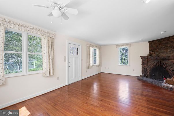Empty room, Fireplace, Interior, Stone Walls, Wood Texture Flooring