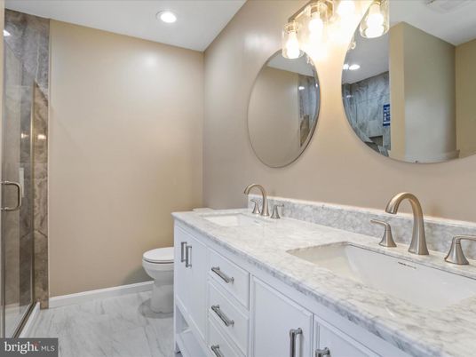 Bathroom, Dual Sink Vanities, Glass Shower, Interior, Marble, Recessed Lighting