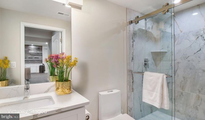 Bathroom, Glass Shower, Interior, Marble Walls, Recessed Lighting