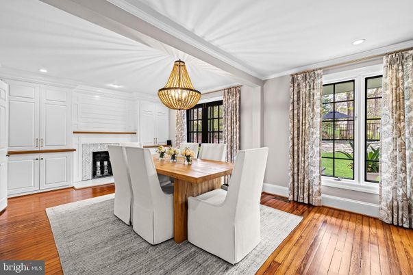 Dining room, Fireplace, Interior, Pendant Lights, Recessed Lighting, Wood Texture Flooring