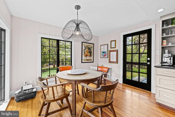 Dining room, Interior, Pendant Lights, Recessed Lighting, Wood Texture Flooring