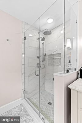 Bathroom, Glass Shower, Interior, Marble, Marble Walls, Recessed Lighting