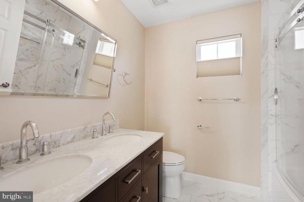 Bathroom, Dual Sink Vanities, Glass Shower, Interior, Marble, Marble Walls