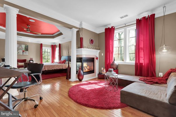 Bedroom, Fireplace, Interior, Pendant Lights, Wood Texture Flooring