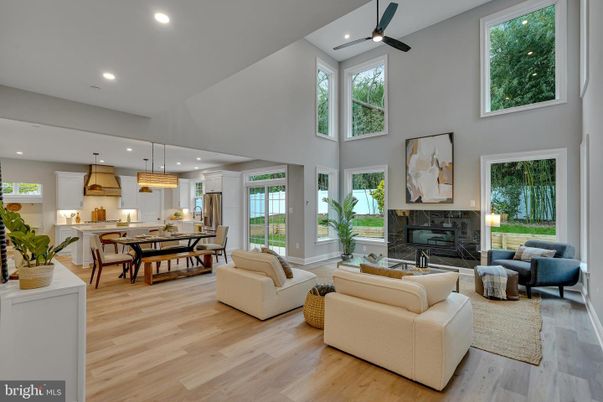 Dining room, Fireplace, Interior, Kitchen, Living room, Pendant Lights, Recessed Lighting, Wood Texture Flooring