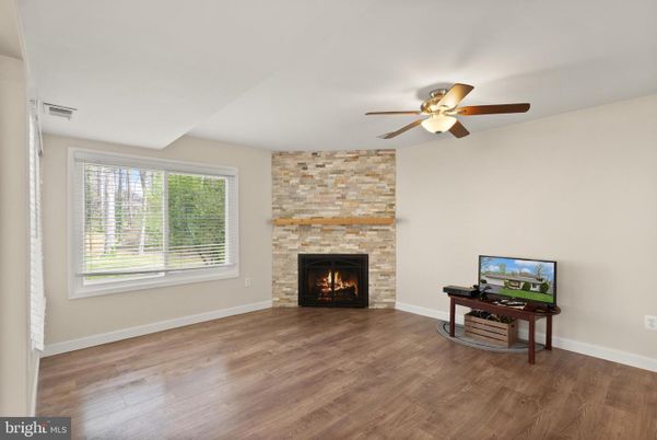 Empty room, Fireplace, Interior, Stone Walls, Wood Texture Flooring