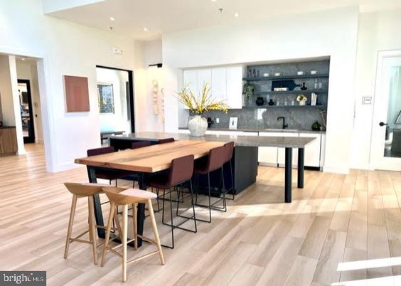 Dining room, Interior, Pendant Lights, Recessed Lighting, Wood Texture Flooring