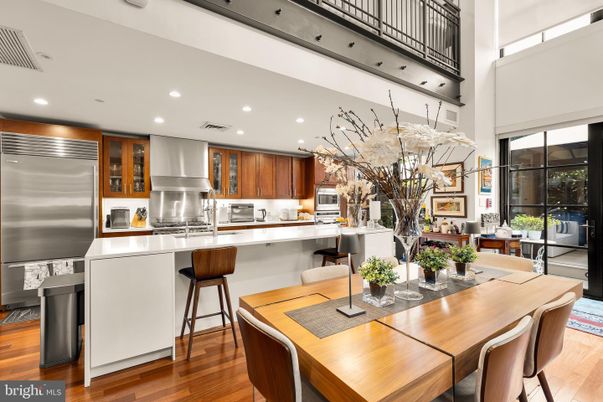 Dining room, Interior, Kitchen, Recessed Lighting, Stainless Steel Appliances, Wood Texture Flooring