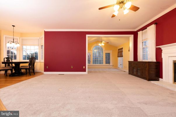 Chandelier, Dining room, Empty room, Fireplace, Interior, Pendant Lights, Wood Texture Flooring