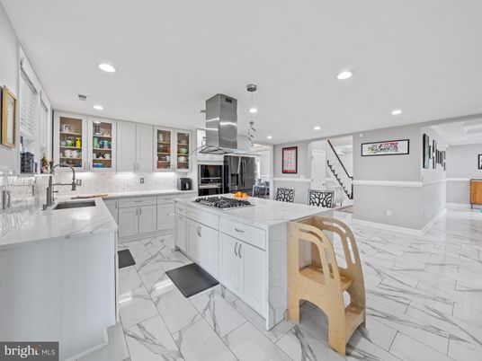 Interior, Kitchen, Marble, Pendant Lights, Recessed Lighting, Stainless Steel Appliances