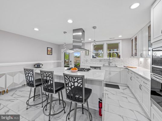 Interior, Kitchen, Marble, Pendant Lights, Recessed Lighting, Stainless Steel Appliances