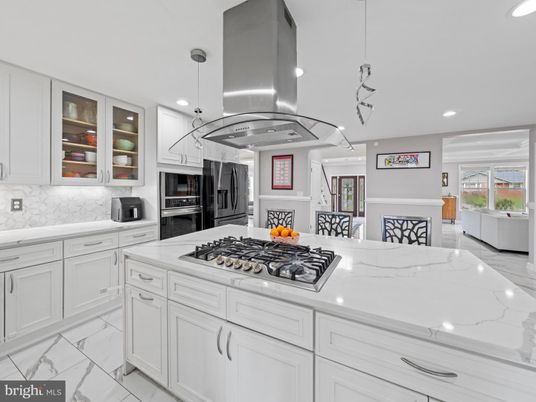 Interior, Kitchen, Marble, Pendant Lights, Recessed Lighting, Stainless Steel Appliances
