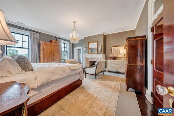 Bedroom, Chandelier, Fireplace, Interior, Wood Texture Flooring