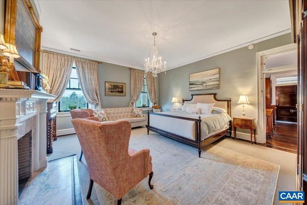 Bedroom, Chandelier, Fireplace, Interior, Wood Texture Flooring