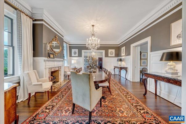 Chandelier, Dining room, Fireplace, Interior, Living room, Wood Texture Flooring
