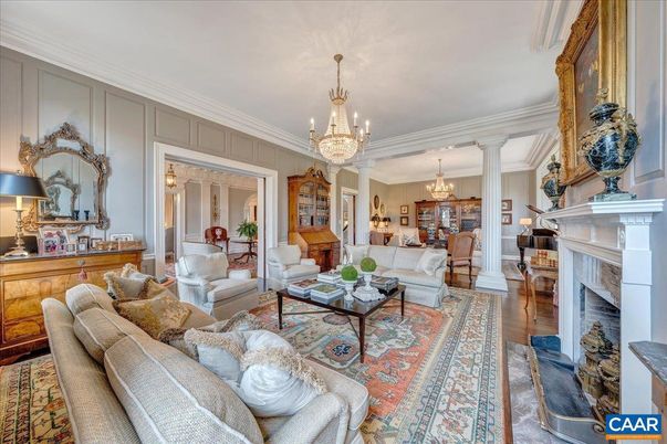 Chandelier, Dining room, Fireplace, Interior, Living room, Wood Texture Flooring