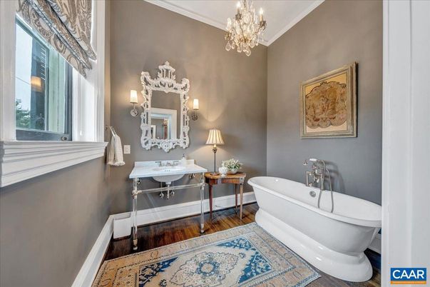 Bathroom, Chandelier, Free Standing Baths, Interior, Wood Texture Flooring