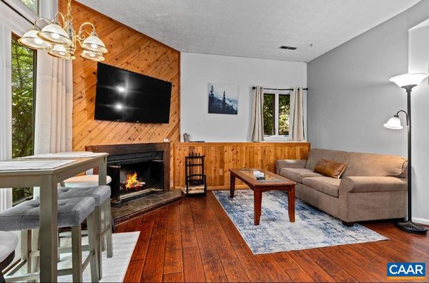 Fireplace, Interior, Living room, Pendant Lights, Wood Texture Flooring, Wooden Walls