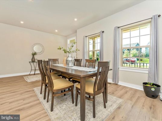 Dining room, Interior, Recessed Lighting, Wood Texture Flooring