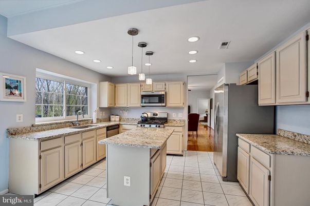 Interior, Kitchen, Marble, Pendant Lights, Recessed Lighting, Stainless Steel Appliances
