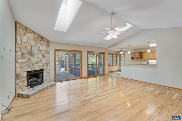Empty room, Fireplace, Interior, Kitchen, Stone Walls, Wood Texture Flooring
