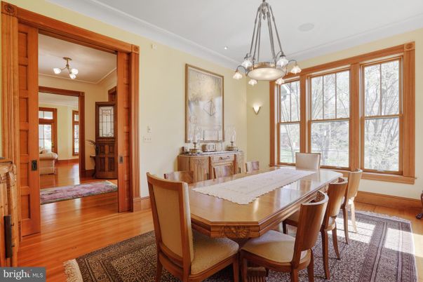 Dining room, Interior, Pendant Lights, Wood Texture Flooring