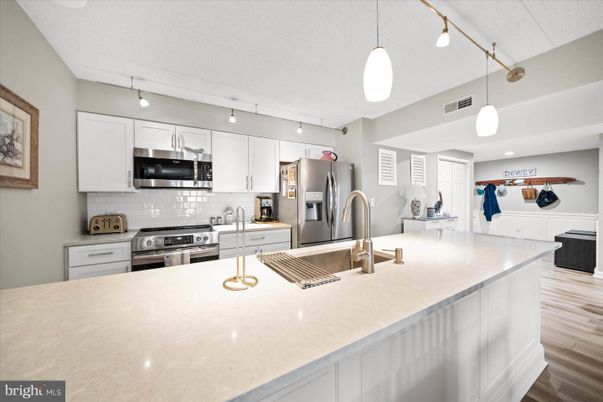 Interior, Kitchen, Pendant Lights, Stainless Steel Appliances, Wood Texture Flooring